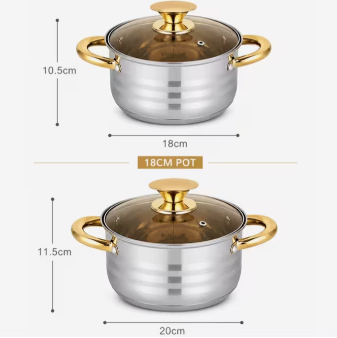6PC Stainless Steel Cookware Set Pots & Pans Induction Compatible Rose Gold Handles Glass Lids Kitchen Set
