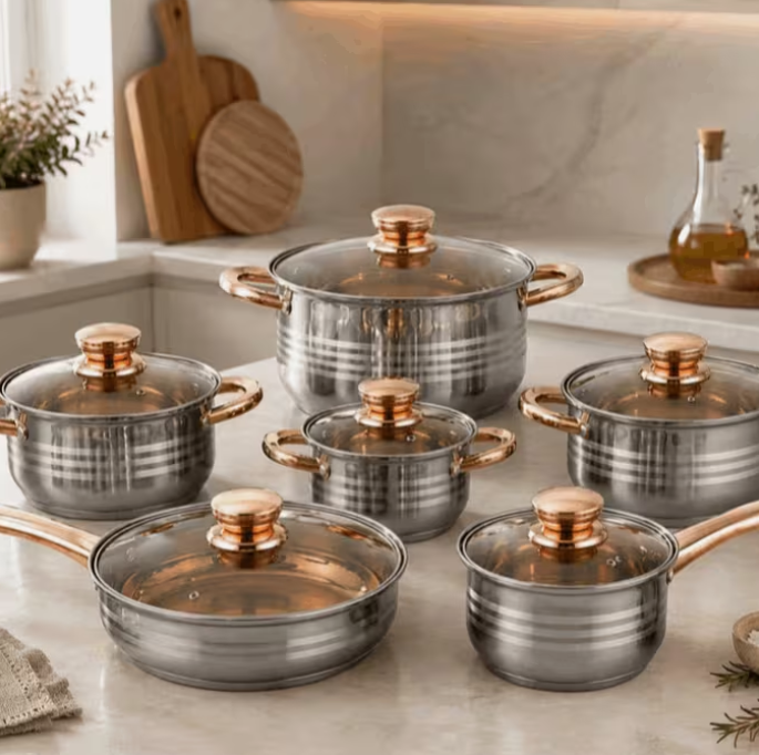6PC Stainless Steel Cookware Set Pots & Pans Induction Compatible Rose Gold Handles Glass Lids Kitchen Set