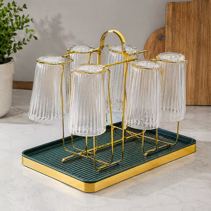 Stylish 6-Glass Holder with Drip Tray – Gold Metal Drying Rack with Green Drain Mat, Kitchen Cup Storage & Drying Stand