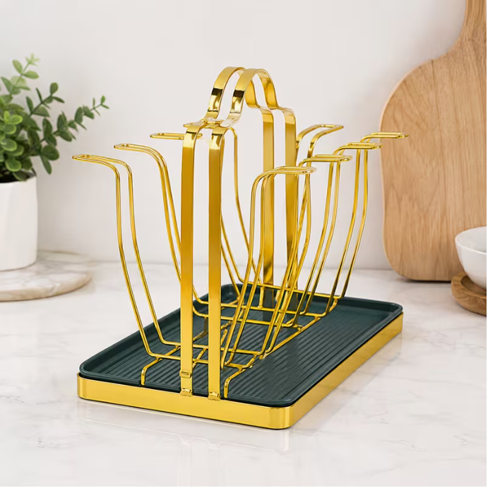 Stylish 6-Glass Holder with Drip Tray – Gold Metal Drying Rack with Green Drain Mat, Kitchen Cup Storage & Drying Stand