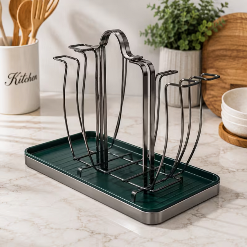 Stylish 6-Glass Holder with Drip Tray – Grey Metal Drying Rack with Green Drain Mat, Kitchen Cup Storage & Drying Stand