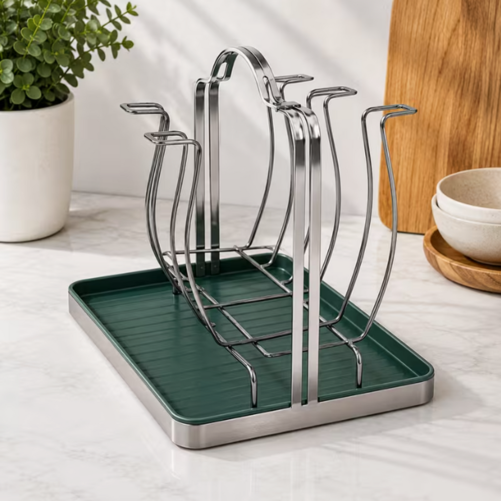 Stylish 6-Glass Holder with Drip Tray – Grey Metal Drying Rack with Green Drain Mat, Kitchen Cup Storage & Drying Stand