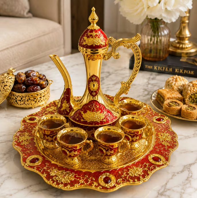 Luxury Arabic Coffee Pot Serving Set – Gold & Red Decorative Dallah with Serving Tray & 6 Coffee Cups, Traditional Tea & Coffee Gift Set