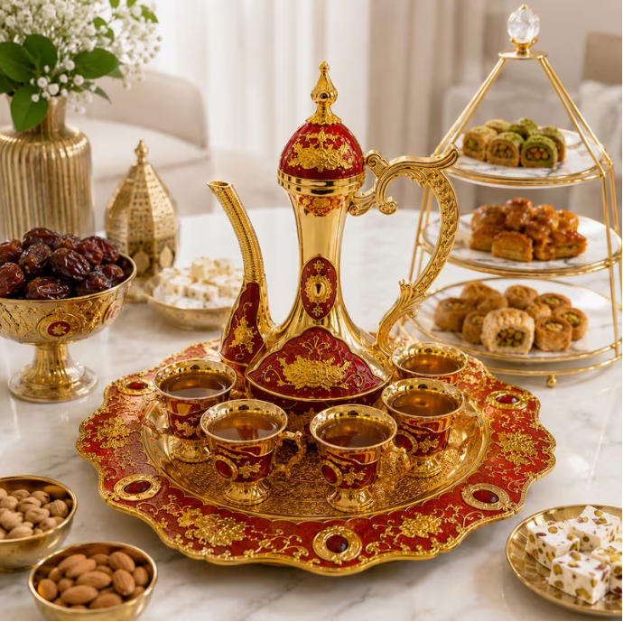 Luxury Arabic Coffee Pot Serving Set – Gold & Red Decorative Dallah with Serving Tray & 6 Coffee Cups, Traditional Tea & Coffee Gift Set