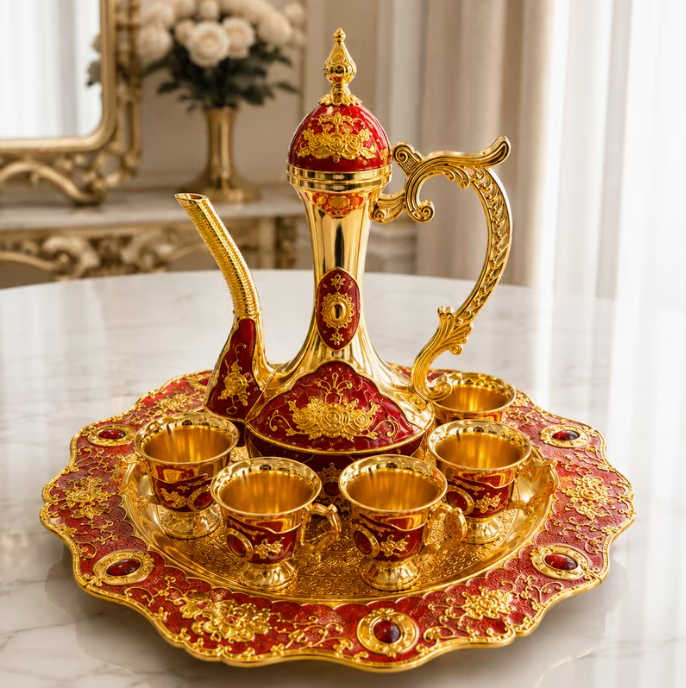 Luxury Arabic Coffee Pot Serving Set – Gold & Red Decorative Dallah with Serving Tray & 6 Coffee Cups, Traditional Tea & Coffee Gift Set
