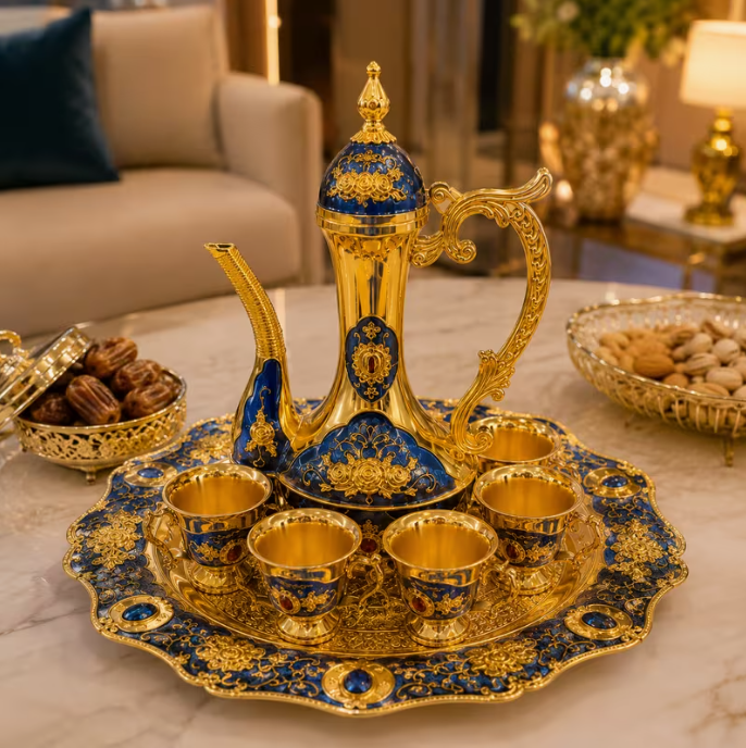 Luxury Arabic Coffee Pot Serving Set – Blue & Gold Decorative Dallah with Serving Tray & 6 Coffee Cups, Traditional Tea & Coffee Gift Set