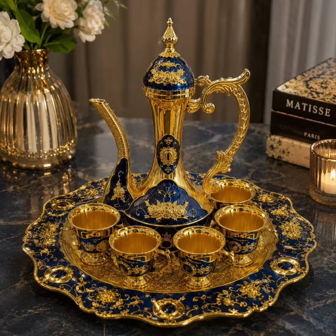 Luxury Arabic Coffee Pot Serving Set – Blue & Gold Decorative Dallah with Serving Tray & 6 Coffee Cups, Traditional Tea & Coffee Gift Set