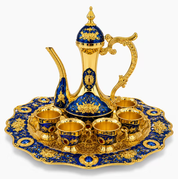 Luxury Arabic Coffee Pot Serving Set – Blue & Gold Decorative Dallah with Serving Tray & 6 Coffee Cups, Traditional Tea & Coffee Gift Set