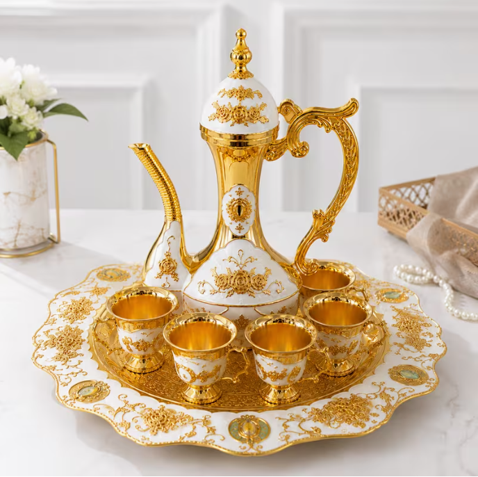 Luxury Arabic Coffee Pot Serving Set – White & Gold Decorative Dallah with Serving Tray & 6 Coffee Cups, Traditional Tea & Coffee Gift Set