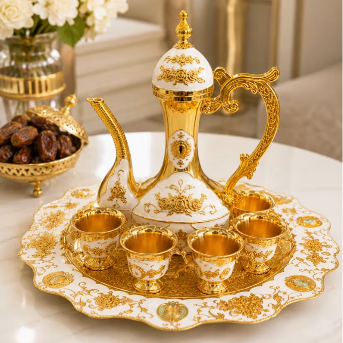 Luxury Arabic Coffee Pot Serving Set – White & Gold Decorative Dallah with Serving Tray & 6 Coffee Cups, Traditional Tea & Coffee Gift Set