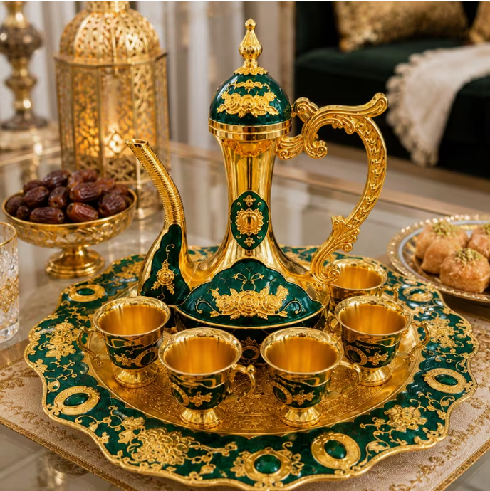 Luxury Arabic Coffee Pot Serving Set – Emerald Green & Gold Decorative Dallah with Serving Tray & 6 Coffee Cups, Traditional Tea & Coffee Gift Set