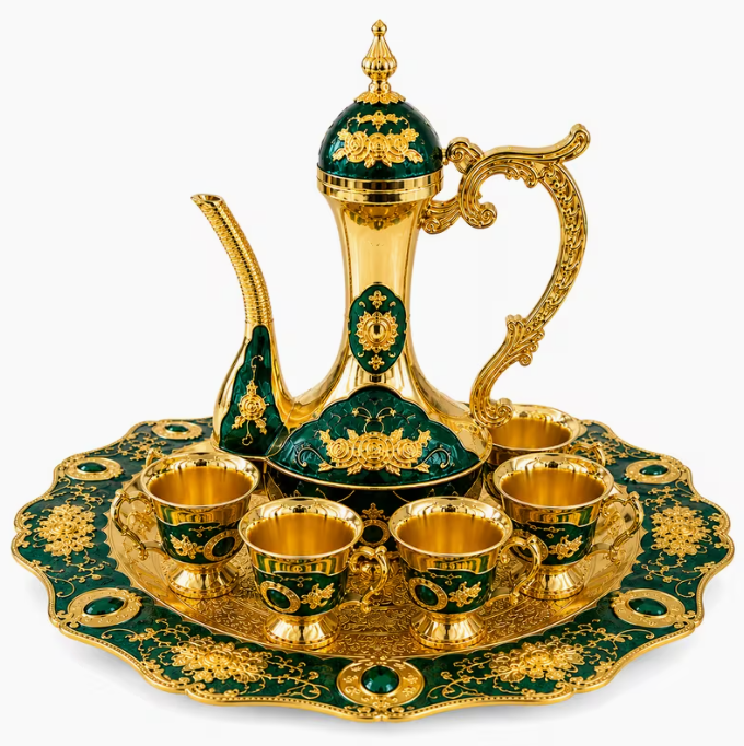 Luxury Arabic Coffee Pot Serving Set – Emerald Green & Gold Decorative Dallah with Serving Tray & 6 Coffee Cups, Traditional Tea & Coffee Gift Set
