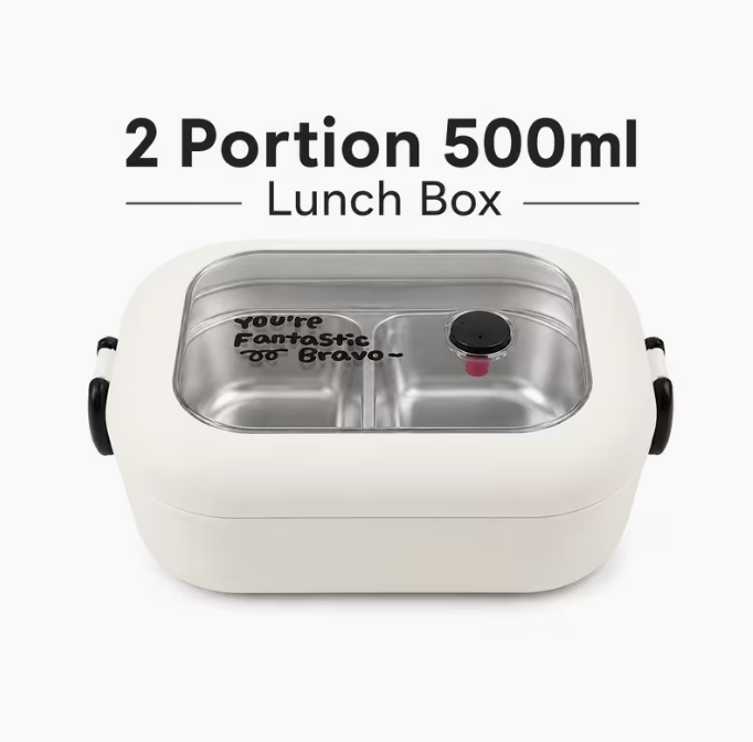 Portable 500ml 2-Portion Lunch Box – Stainless Steel Divided Food Container with Clear Lid, Locking Handles for Office, School & Travel