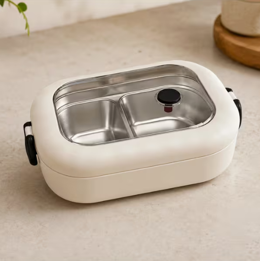 Portable 500ml 2-Portion Lunch Box – Stainless Steel Divided Food Container with Clear Lid, Locking Handles for Office, School & Travel