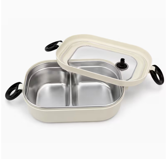 Portable 500ml 2-Portion Lunch Box – Stainless Steel Divided Food Container with Clear Lid, Locking Handles for Office, School & Travel