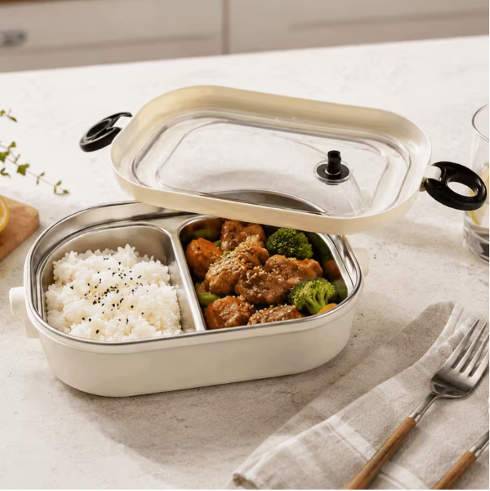Portable 500ml 2-Portion Lunch Box – Stainless Steel Divided Food Container with Clear Lid, Locking Handles for Office, School & Travel