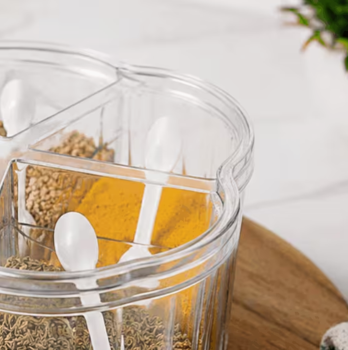 5-Portion Spice Container Set 20cm with Individual Spoons – Clear Kitchen Seasoning Organiser with Cover for Salt, Sugar, Spices & Herbs