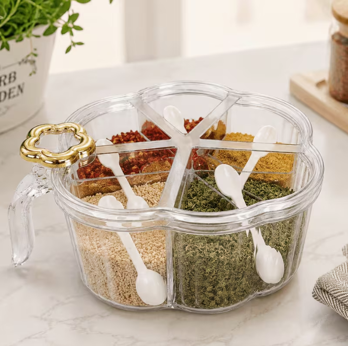 5-Portion Spice Container Set 20cm with Individual Spoons – Clear Kitchen Seasoning Organiser with Cover for Salt, Sugar, Spices & Herbs