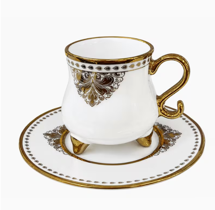 90ml Coffee Cups with Saucers, 12 Piece White & Gold Tea Set – Decorative Espresso Cups for Guests, Home & Entertaining