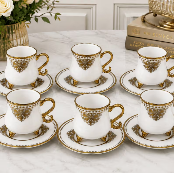 90ml Coffee Cups with Saucers, 12 Piece White & Gold Tea Set – Decorative Espresso Cups for Guests, Home & Entertaining