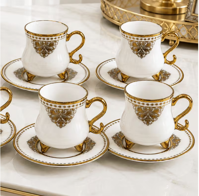 90ml Coffee Cups with Saucers, 12 Piece White & Gold Tea Set – Decorative Espresso Cups for Guests, Home & Entertaining