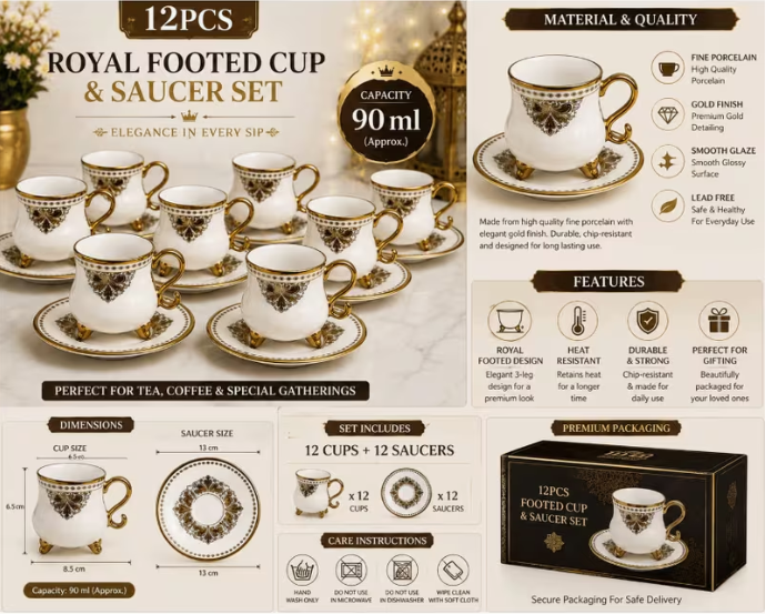 90ml Coffee Cups with Saucers, 12 Piece White & Gold Tea Set – Decorative Espresso Cups for Guests, Home & Entertaining
