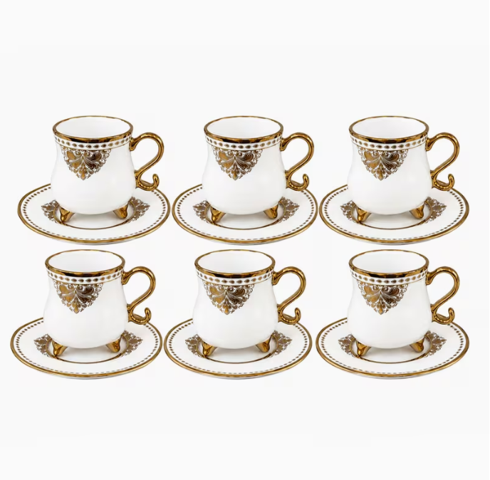90ml Coffee Cups with Saucers, 12 Piece White & Gold Tea Set – Decorative Espresso Cups for Guests, Home & Entertaining