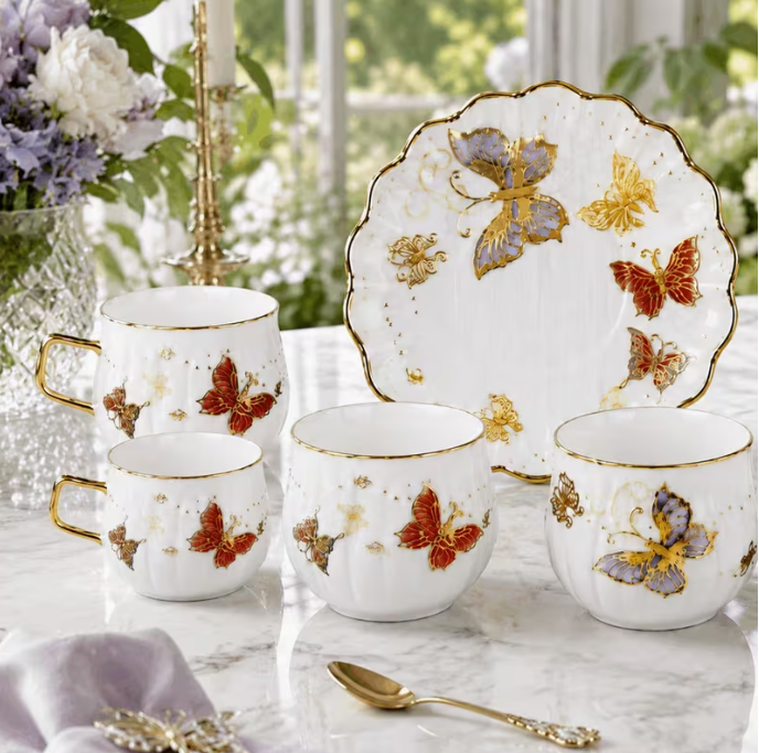 200ml Tea Cups with Saucers, 12pcs White Gold Butterfly Coffee Set – Decorative Cups for Tea, Coffee & Entertaining