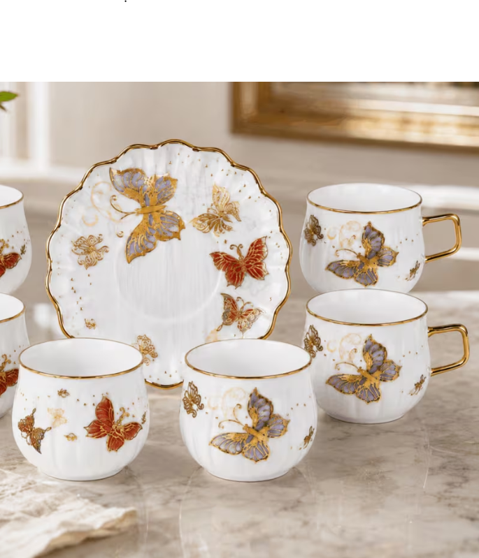 200ml Tea Cups with Saucers, 12pcs White Gold Butterfly Coffee Set – Decorative Cups for Tea, Coffee & Entertaining