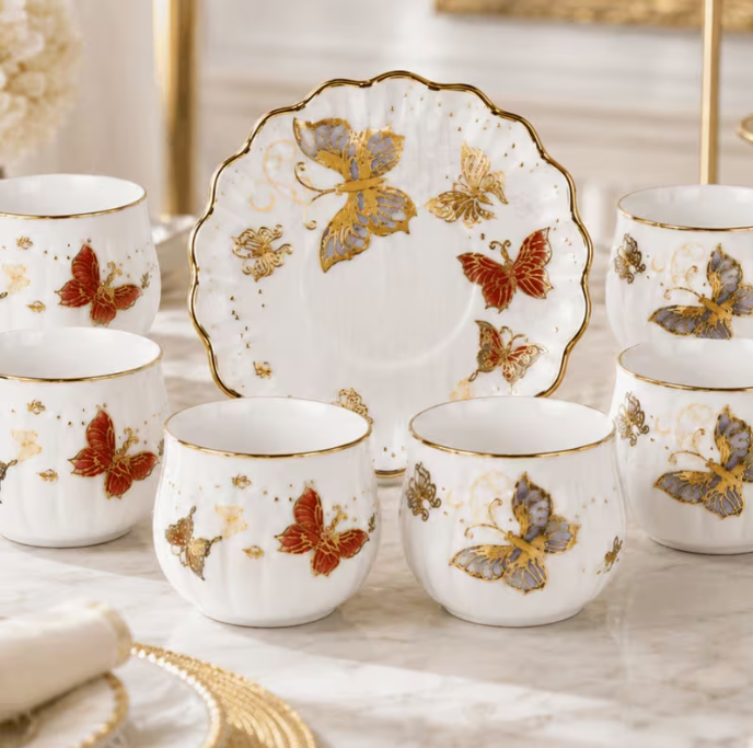200ml Tea Cups with Saucers, 12pcs White Gold Butterfly Coffee Set – Decorative Cups for Tea, Coffee & Entertaining