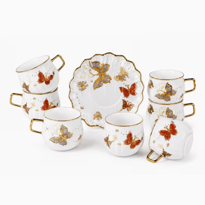 200ml Tea Cups with Saucers, 12pcs White Gold Butterfly Coffee Set – Decorative Cups for Tea, Coffee & Entertaining