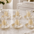 12-Piece 90ml Clear Glass Coffee Cup & Saucer Set – 6 Decorative Gold Pattern Tea Cups with Handles for Espresso & Turkish Style Tea