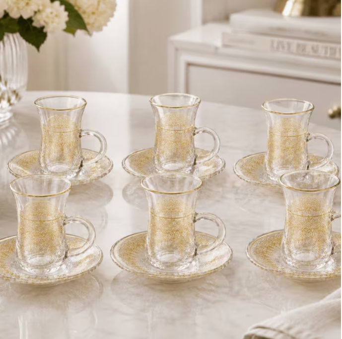 12-Piece 90ml Clear Glass Coffee Cup & Saucer Set – 6 Decorative Gold Pattern Tea Cups with Handles for Espresso & Turkish Style Tea