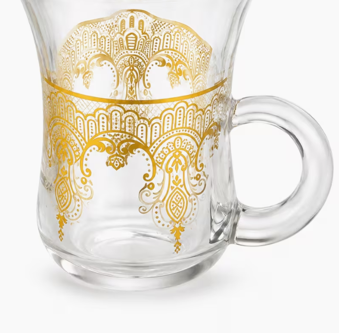 12-Piece 90ml Clear Glass Coffee Cup & Saucer Set – 6 Decorative Gold Pattern Tea Cups with Handles for Espresso & Turkish Style Tea
