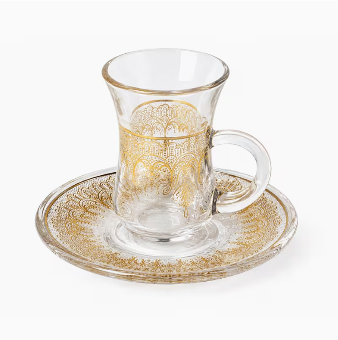 12-Piece 90ml Clear Glass Coffee Cup & Saucer Set – 6 Decorative Gold Pattern Tea Cups with Handles for Espresso & Turkish Style Tea