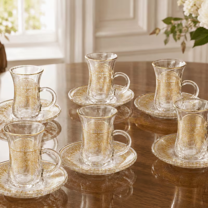 12-Piece 90ml Clear Glass Coffee Cup & Saucer Set – 6 Decorative Gold Pattern Tea Cups with Handles for Espresso & Turkish Style Tea