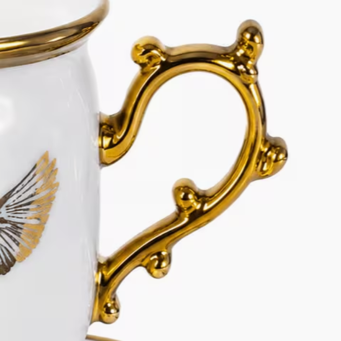12pcs 90ml Coffee Cup and Saucer Set – 6 Elegant Footed White Cups with Gold Trim, Bird & Feather Design for Espresso