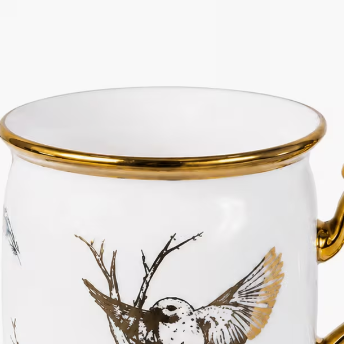 12pcs 90ml Coffee Cup and Saucer Set – 6 Elegant Footed White Cups with Gold Trim, Bird & Feather Design for Espresso