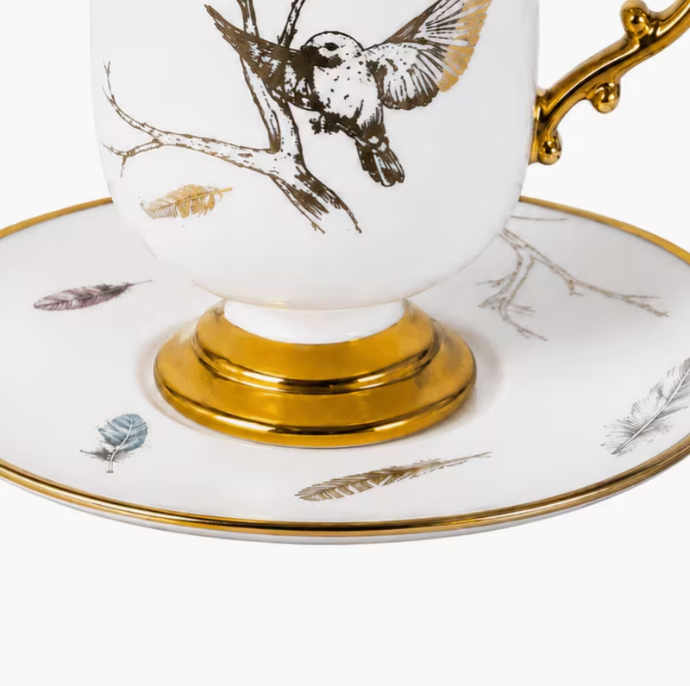 12pcs 90ml Coffee Cup and Saucer Set – 6 Elegant Footed White Cups with Gold Trim, Bird & Feather Design for Espresso