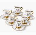 12pcs 90ml Coffee Cup and Saucer Set – 6 Elegant Footed White Cups with Gold Trim, Bird & Feather Design for Espresso