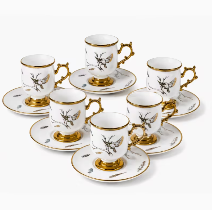 12pcs 90ml Coffee Cup and Saucer Set – 6 Elegant Footed White Cups with Gold Trim, Bird & Feather Design for Espresso