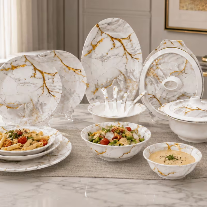 29-Piece Heavy Melamine Dinnerware Set White Gold Marble – Plates, Bowls, Serving Dishes, Soup Tureen & Serving Spoons, Luxury Dishwasher Safe Tableware Set