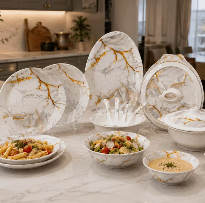 29-Piece Heavy Melamine Dinnerware Set White Gold Marble – Plates, Bowls, Serving Dishes, Soup Tureen & Serving Spoons, Luxury Dishwasher Safe Tableware Set