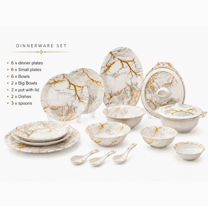 29-Piece Heavy Melamine Dinnerware Set White Gold Marble – Plates, Bowls, Serving Dishes, Soup Tureen & Serving Spoons, Luxury Dishwasher Safe Tableware Set