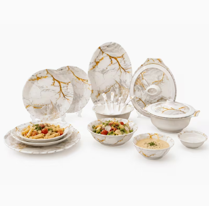 29-Piece Heavy Melamine Dinnerware Set White Gold Marble – Plates, Bowls, Serving Dishes, Soup Tureen & Serving Spoons, Luxury Dishwasher Safe Tableware Set