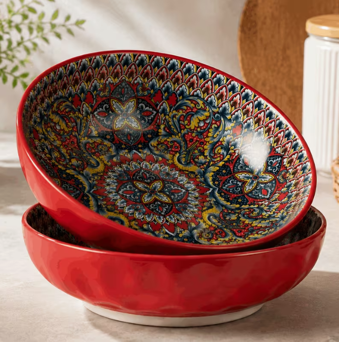 10 Inch Large Serving Bowls 2 Pack – Red Porcelain Pasta Salad Bowls with Artistic Pattern Design for Family Dining & Parties
