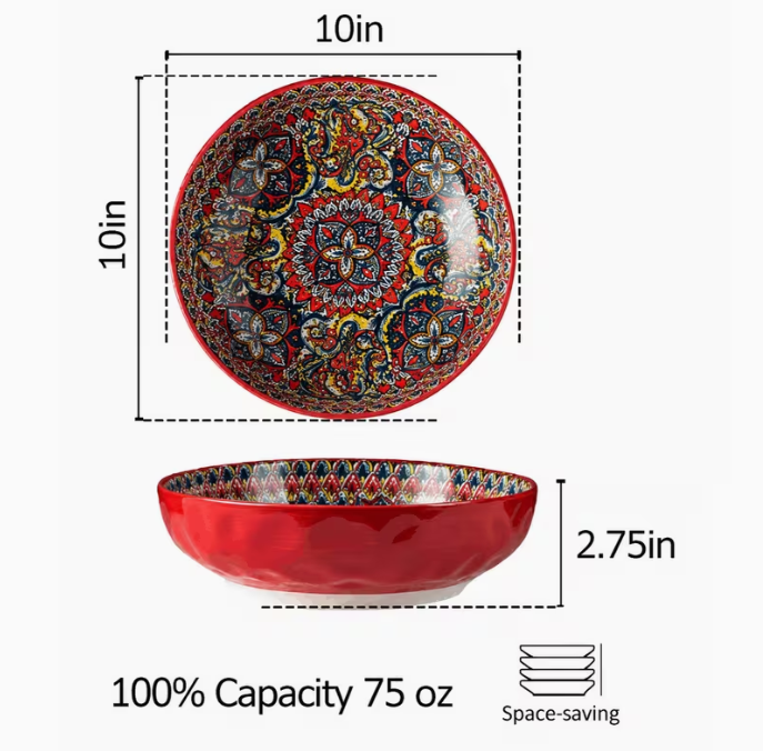 10 Inch Large Serving Bowls 2 Pack – Red Porcelain Pasta Salad Bowls with Artistic Pattern Design for Family Dining & Parties