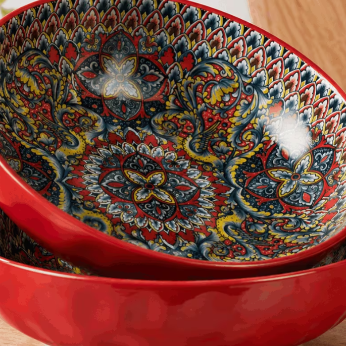 10 Inch Large Serving Bowls 2 Pack – Red Porcelain Pasta Salad Bowls with Artistic Pattern Design for Family Dining & Parties