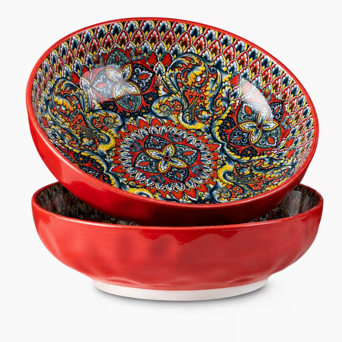 10 Inch Large Serving Bowls 2 Pack – Red Porcelain Pasta Salad Bowls with Artistic Pattern Design for Family Dining & Parties