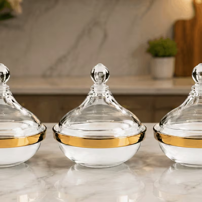 3PCS Glass Dessert Bowl Set with Glass Cover – Elegant Gold Trim Sugar Dish Butter Container Serving Cups for Home Use